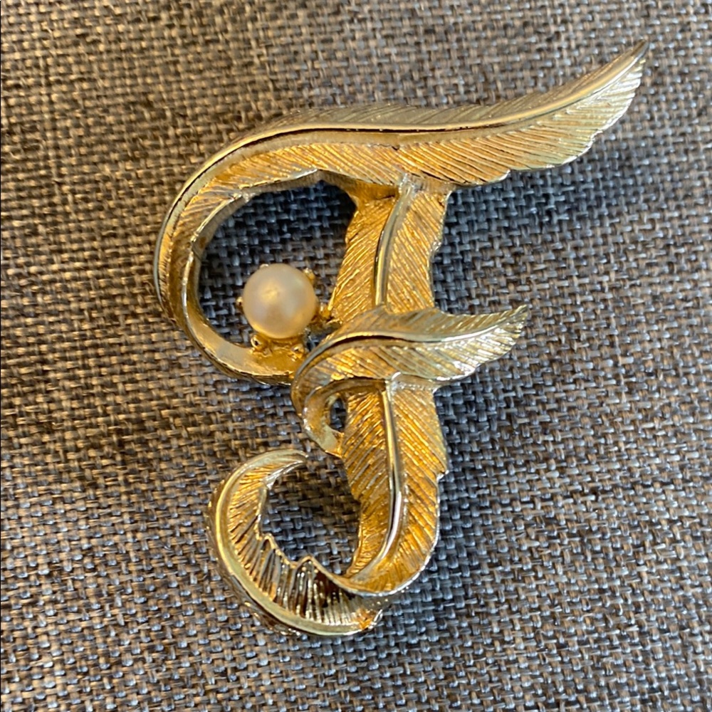 Vintage Initial “F” Brooch with Pearl Accent